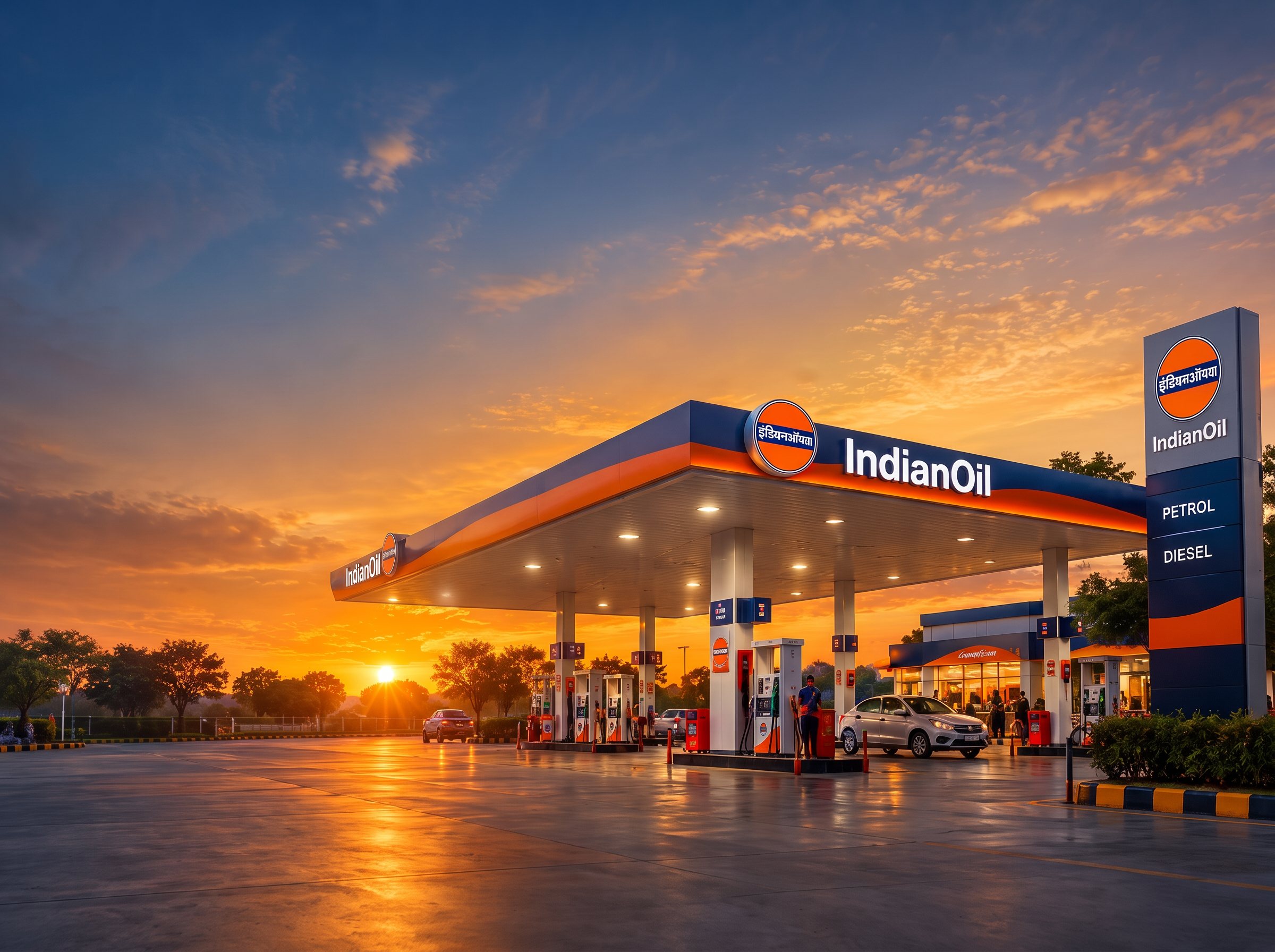 New Horizon IndianOil filling station at sunset