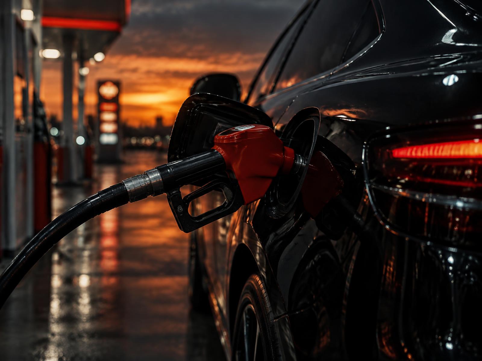 Black car being refuelled at dusk